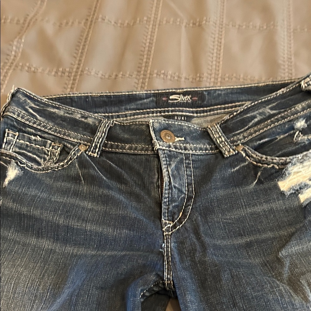 Silver Jeans Dark Indigo High-Rise Distressed Cropped Jeans